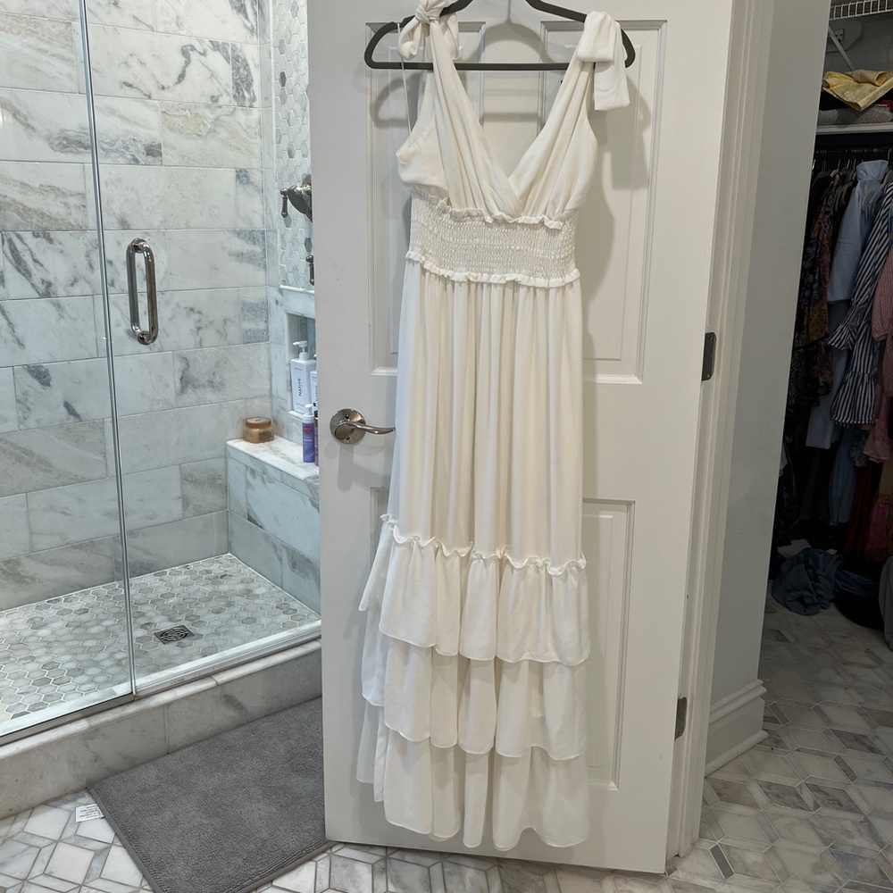 White ruffle smocked maxi dress